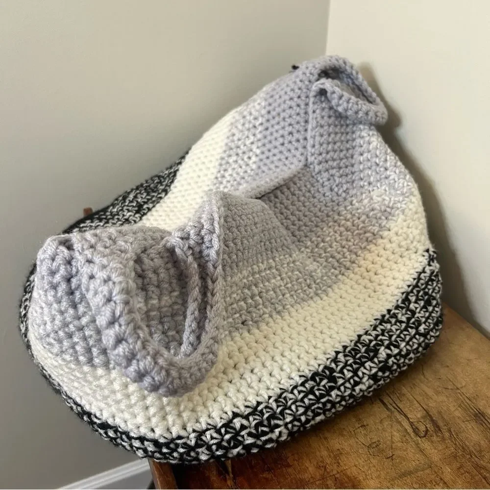 Large Homemade Hand Knit Soft Tote Basket Toy Storage Black Cream Gray Crochet
